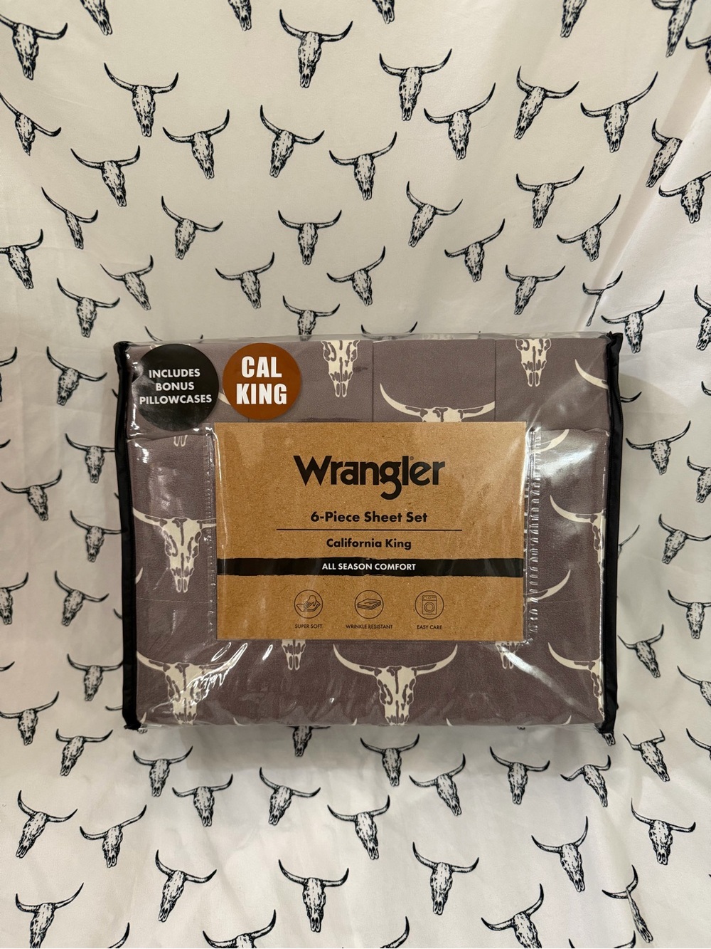 Wrangler Brown and White Skull Print California King Sheet Set